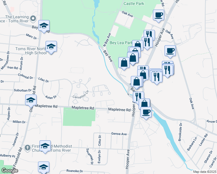 map of restaurants, bars, coffee shops, grocery stores, and more near 144 Orchid Court in Toms River
