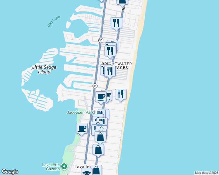 map of restaurants, bars, coffee shops, grocery stores, and more near 70 Oceanfront in Lavallette