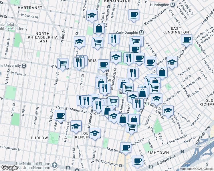 map of restaurants, bars, coffee shops, grocery stores, and more near 1906 North Hancock Street in Philadelphia