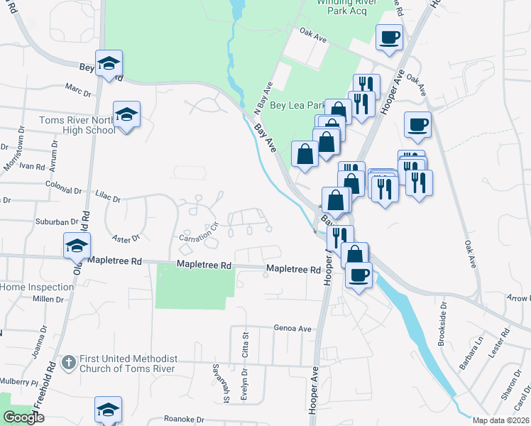 map of restaurants, bars, coffee shops, grocery stores, and more near 143 Orchid Court in Toms River