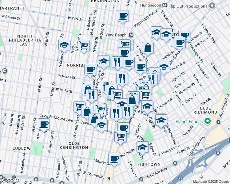 map of restaurants, bars, coffee shops, grocery stores, and more near 1929 North Howard Street in Philadelphia