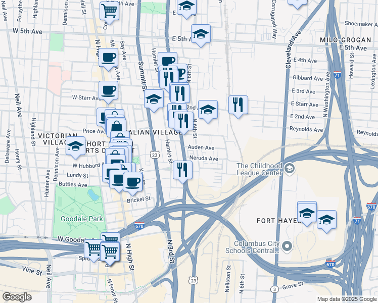map of restaurants, bars, coffee shops, grocery stores, and more near 818 North 4th Street in Columbus