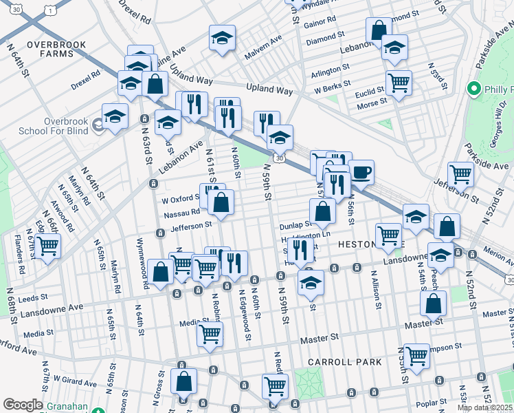 map of restaurants, bars, coffee shops, grocery stores, and more near 5924 Nassau Road in Philadelphia