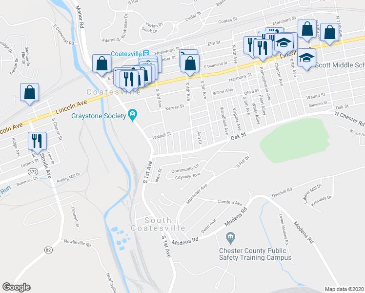 map of restaurants, bars, coffee shops, grocery stores, and more near 153 Rosemont Avenue in Coatesville