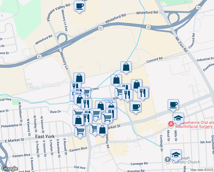 map of restaurants, bars, coffee shops, grocery stores, and more near 2670 Industrial Highway in East York