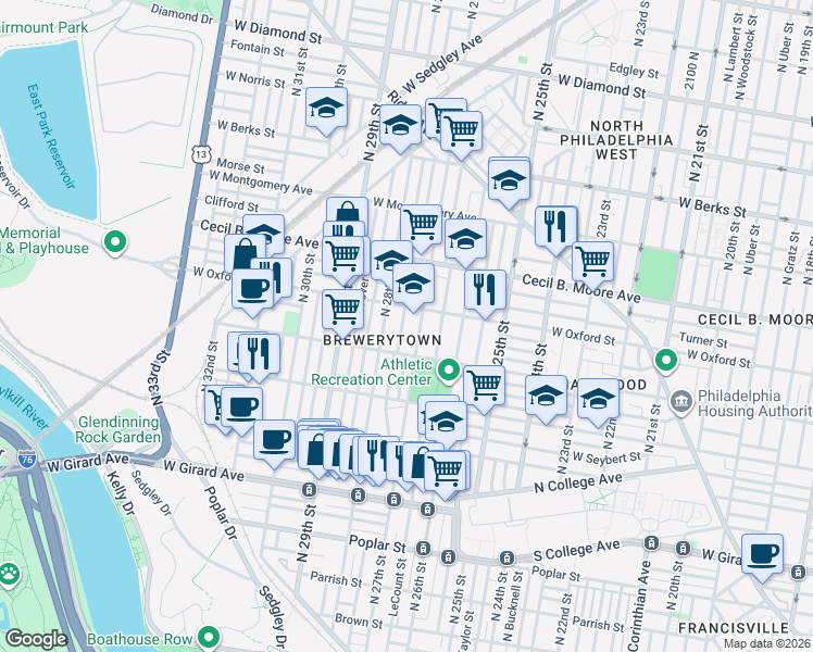 map of restaurants, bars, coffee shops, grocery stores, and more near 1543 North Marston Street in Philadelphia