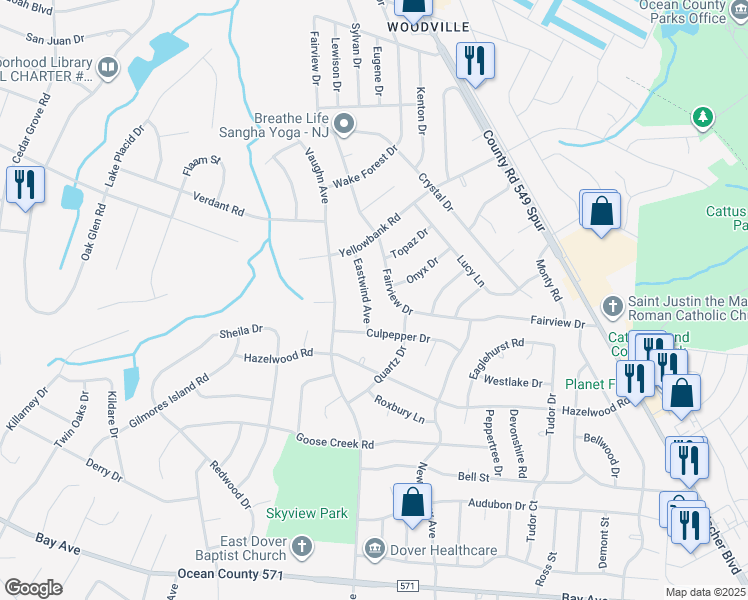 map of restaurants, bars, coffee shops, grocery stores, and more near 1005 Eastwind Avenue in Toms River