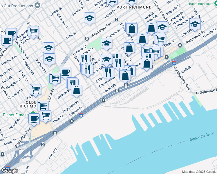 map of restaurants, bars, coffee shops, grocery stores, and more near 2826 Salmon Street in Philadelphia