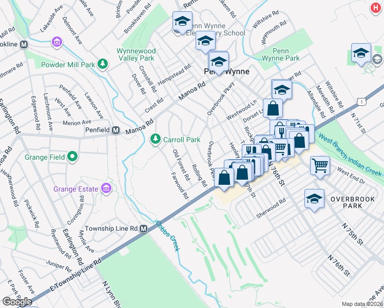 map of restaurants, bars, coffee shops, grocery stores, and more near 29 Rolling Road in Wynnewood