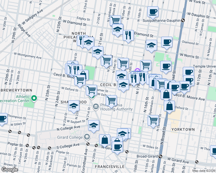 map of restaurants, bars, coffee shops, grocery stores, and more near in Philadelphia
