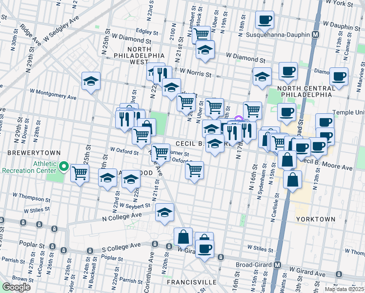 map of restaurants, bars, coffee shops, grocery stores, and more near 1630 North 20th Street in Philadelphia