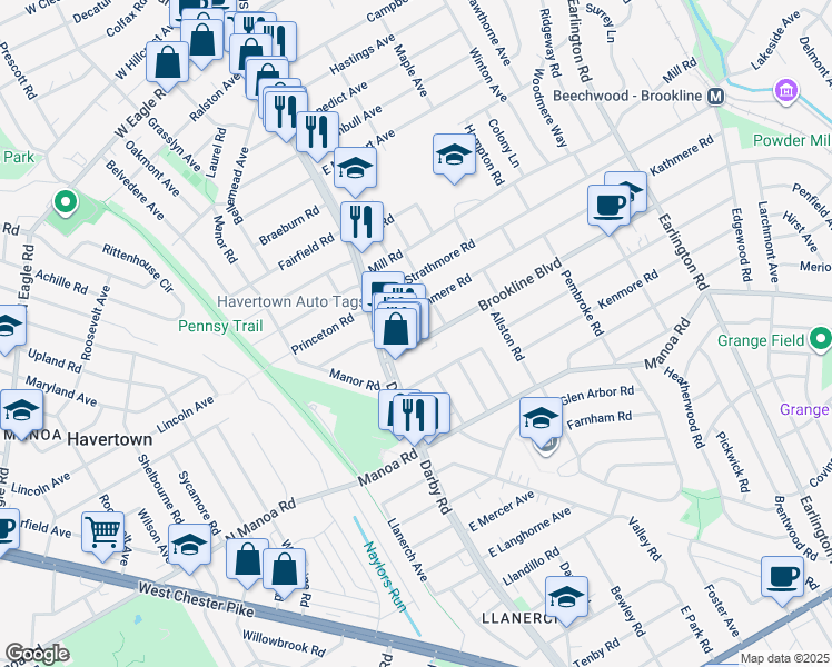 map of restaurants, bars, coffee shops, grocery stores, and more near 42 Brookline Boulevard in Havertown