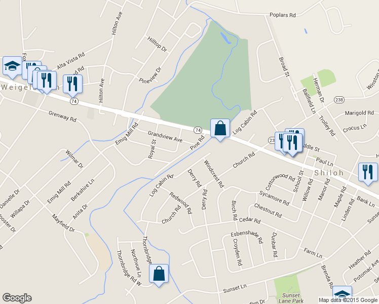 map of restaurants, bars, coffee shops, grocery stores, and more near 2318 Pine Road in York
