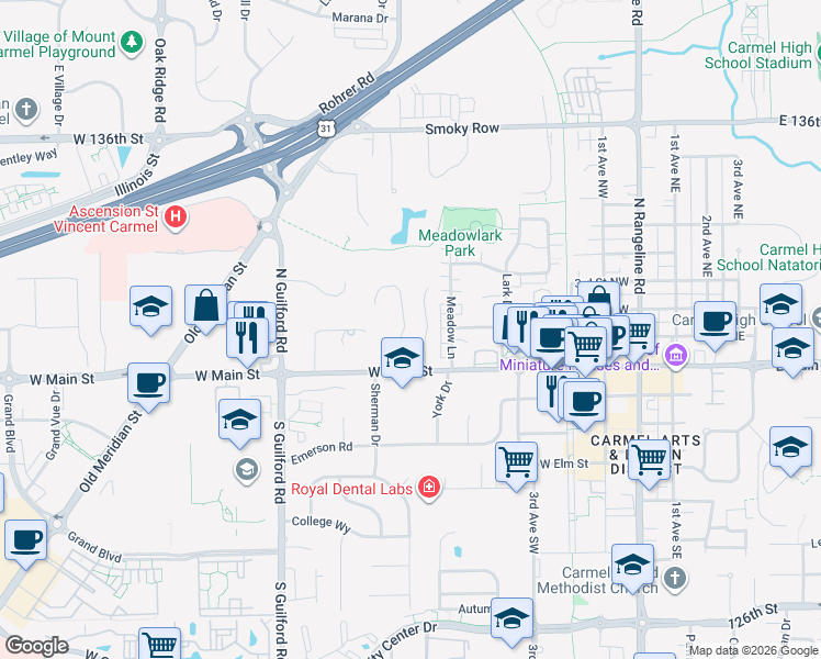 map of restaurants, bars, coffee shops, grocery stores, and more near 45 Rogers Road in Carmel
