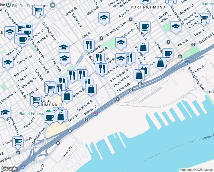 map of restaurants, bars, coffee shops, grocery stores, and more near 2641 East Seltzer Street in Philadelphia