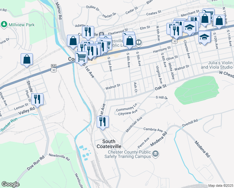 map of restaurants, bars, coffee shops, grocery stores, and more near 137 South 3rd Avenue in Coatesville