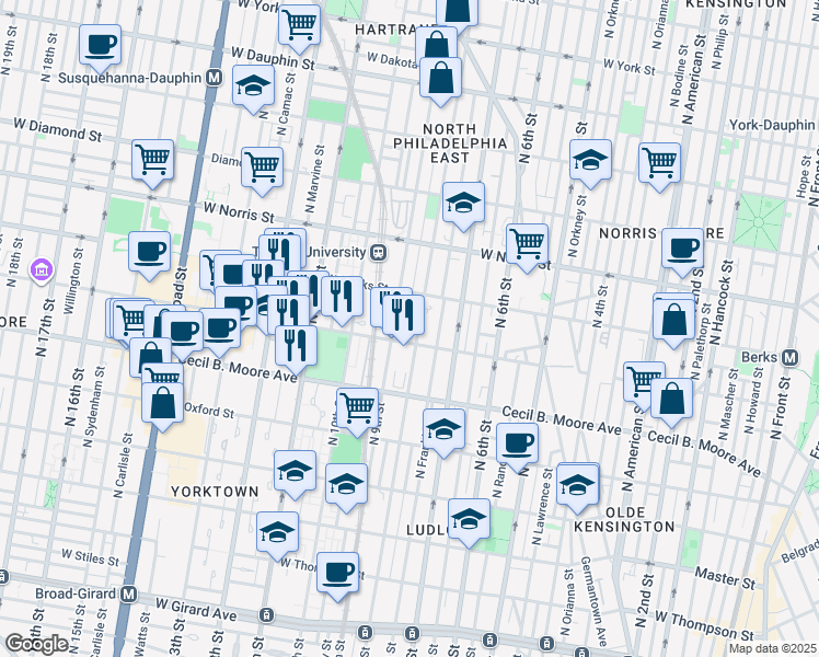 map of restaurants, bars, coffee shops, grocery stores, and more near 1819 North Darien Street in Philadelphia