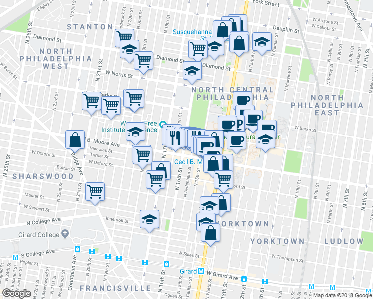 map of restaurants, bars, coffee shops, grocery stores, and more near 1703 North 16th Street in Philadelphia