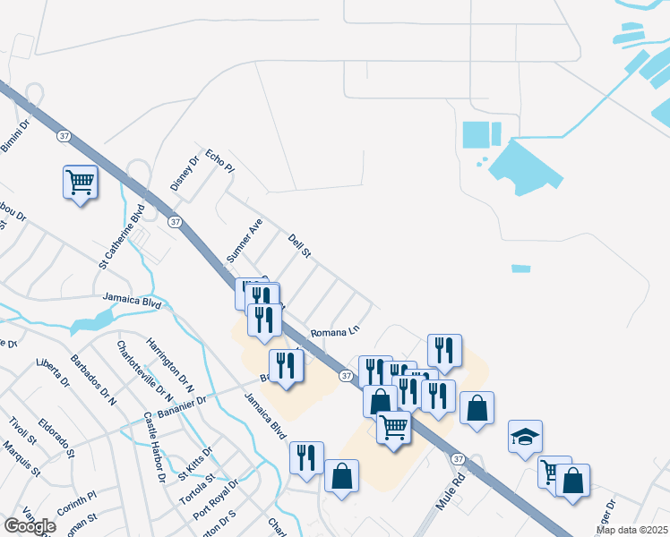 map of restaurants, bars, coffee shops, grocery stores, and more near 1114 Dell Street in Toms River