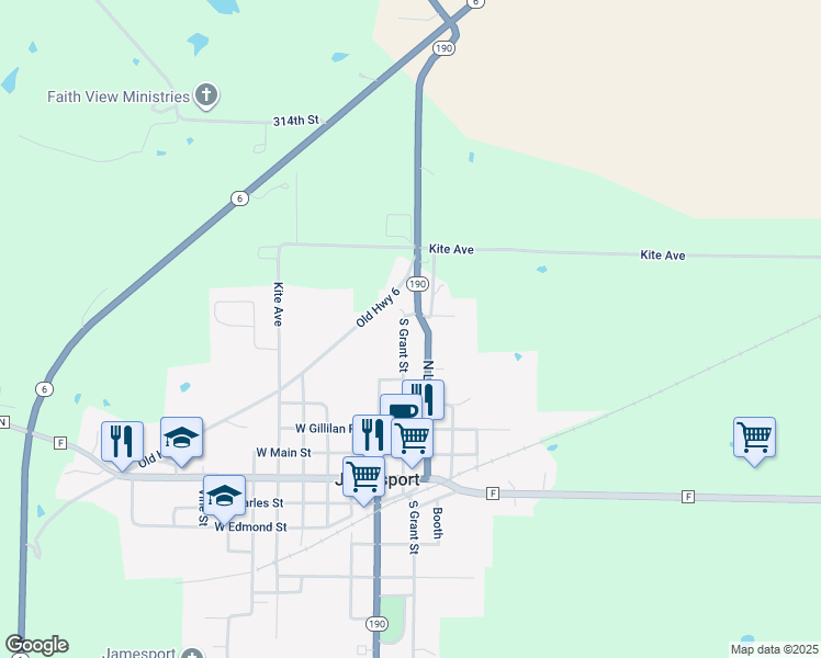 map of restaurants, bars, coffee shops, grocery stores, and more near 509 South Grant Street in Jamesport