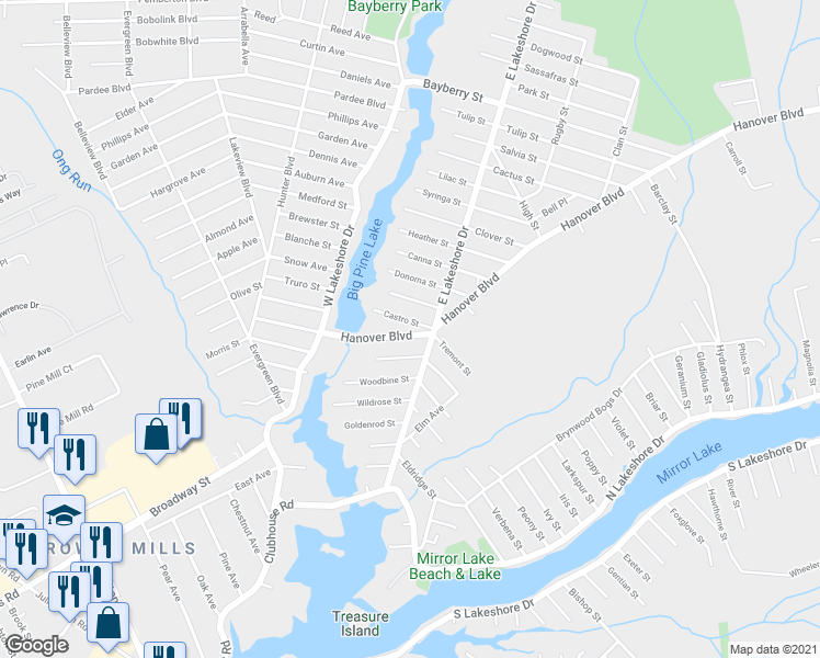 map of restaurants, bars, coffee shops, grocery stores, and more near 115 Castro Street in Browns Mills