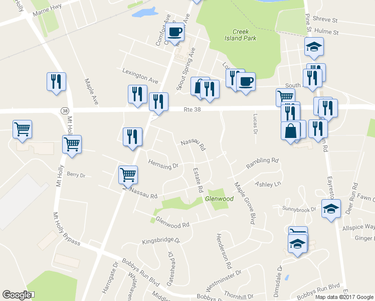 map of restaurants, bars, coffee shops, grocery stores, and more near 2 Estate Road in Mount Holly