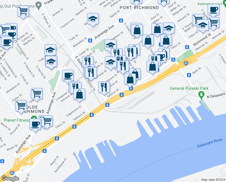 map of restaurants, bars, coffee shops, grocery stores, and more near 2722 East Cambria Street in Philadelphia