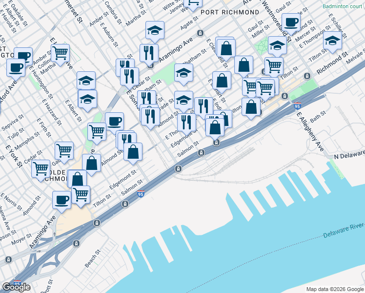 map of restaurants, bars, coffee shops, grocery stores, and more near 2823 Edgemont Street in Philadelphia