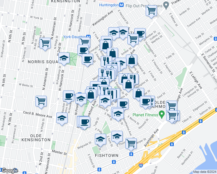 map of restaurants, bars, coffee shops, grocery stores, and more near 2204 Sepviva Street in Philadelphia