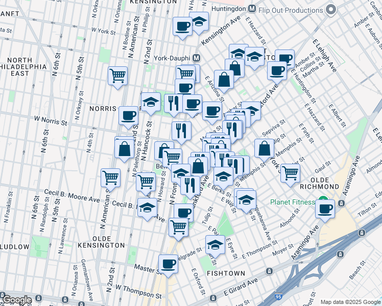 map of restaurants, bars, coffee shops, grocery stores, and more near 2137 East Norris Street in Philadelphia