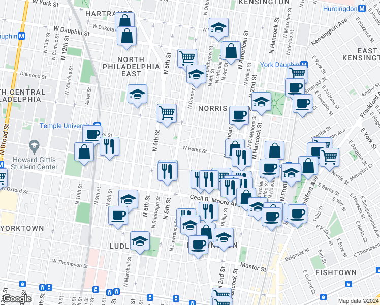 map of restaurants, bars, coffee shops, grocery stores, and more near 1855 North 5th Street in Philadelphia
