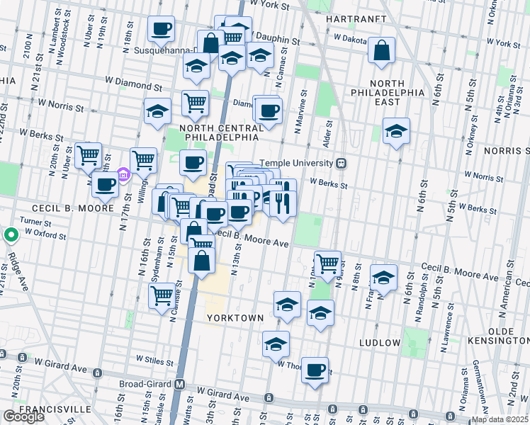 map of restaurants, bars, coffee shops, grocery stores, and more near 1755 North 13th Street in Philadelphia