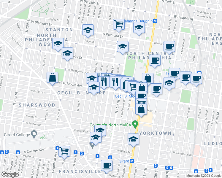 map of restaurants, bars, coffee shops, grocery stores, and more near in Philadelphia