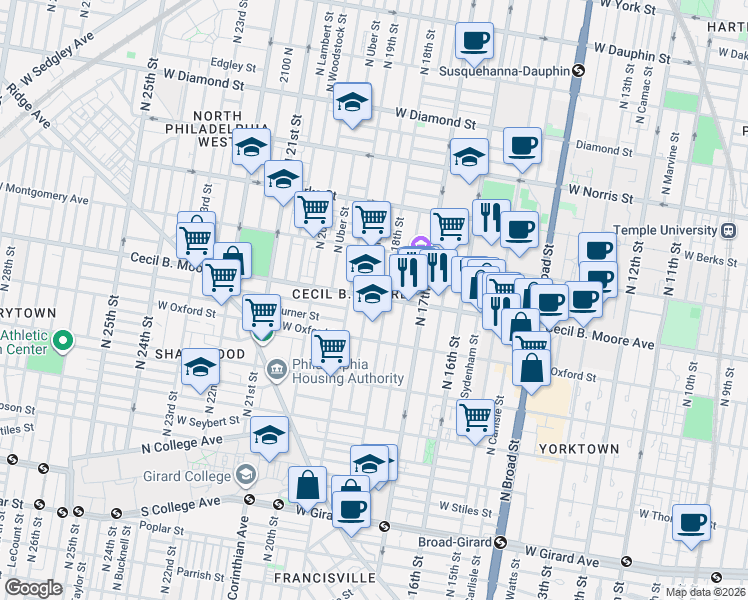 map of restaurants, bars, coffee shops, grocery stores, and more near 1820 Cecil B. Moore Avenue in Philadelphia