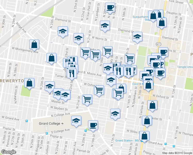 map of restaurants, bars, coffee shops, grocery stores, and more near in Philadelphia