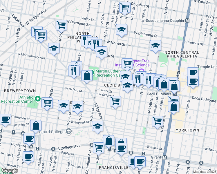 map of restaurants, bars, coffee shops, grocery stores, and more near 2007 Nicholas Street in Philadelphia