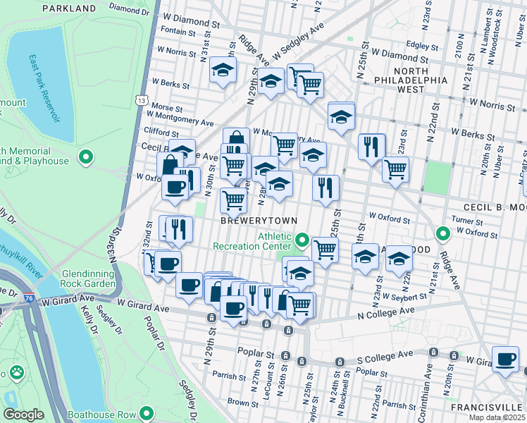map of restaurants, bars, coffee shops, grocery stores, and more near 1541 North Marston Street in Philadelphia