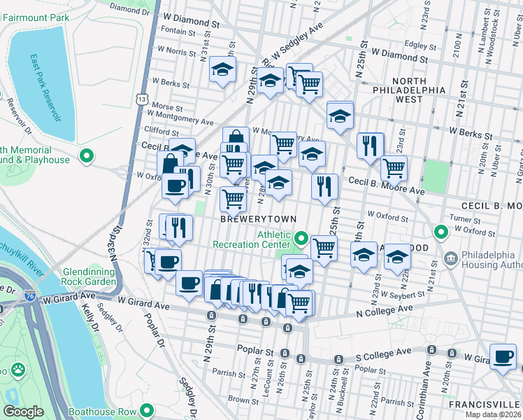 map of restaurants, bars, coffee shops, grocery stores, and more near in Philadelphia