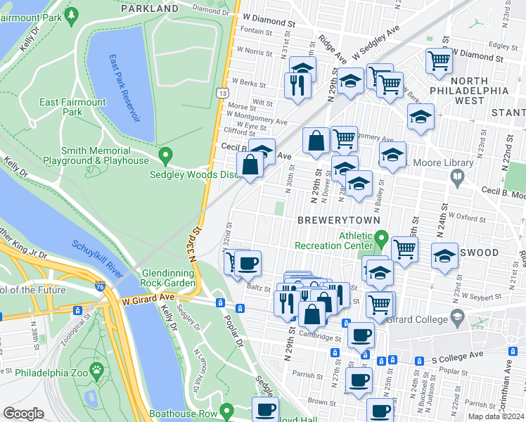 map of restaurants, bars, coffee shops, grocery stores, and more near 3001 West Jefferson Street in Philadelphia
