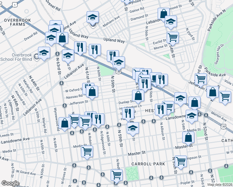 map of restaurants, bars, coffee shops, grocery stores, and more near 5781 Jefferson Street in Philadelphia