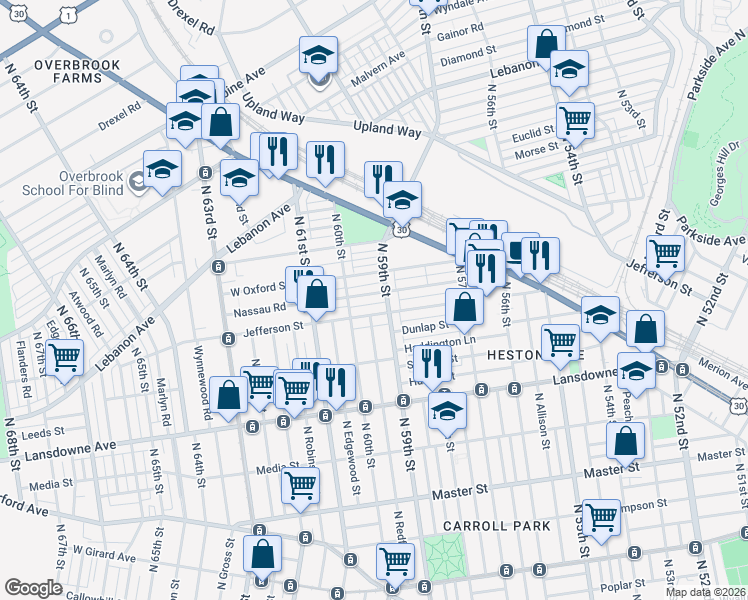 map of restaurants, bars, coffee shops, grocery stores, and more near 5924 Nassau Road in Philadelphia