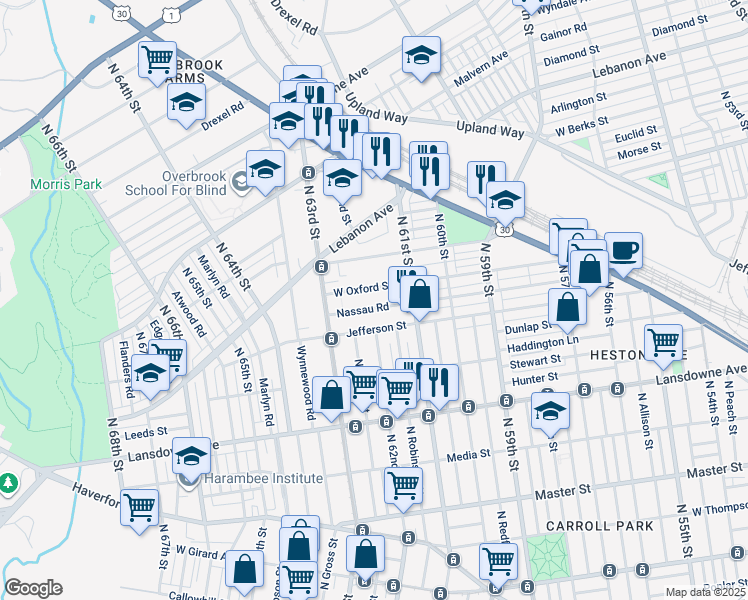 map of restaurants, bars, coffee shops, grocery stores, and more near 6142 West Oxford Street in Philadelphia