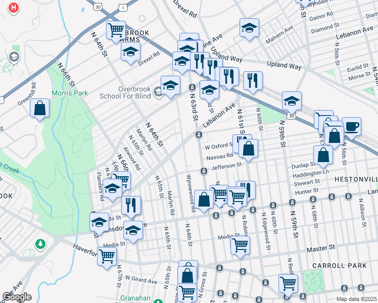 map of restaurants, bars, coffee shops, grocery stores, and more near 927 Wynnewood Road in Philadelphia