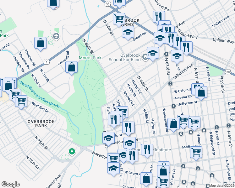 map of restaurants, bars, coffee shops, grocery stores, and more near 1120 North 66th Street in Philadelphia