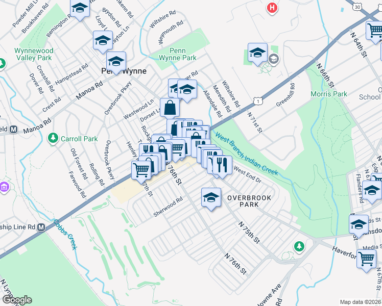 map of restaurants, bars, coffee shops, grocery stores, and more near 7543 Haverford Avenue in Philadelphia
