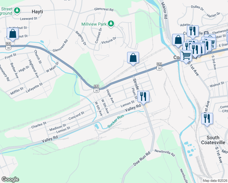 map of restaurants, bars, coffee shops, grocery stores, and more near 385 Charles Street in Coatesville