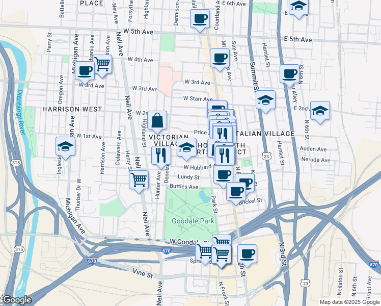 map of restaurants, bars, coffee shops, grocery stores, and more near 103 West Prescott Street in Columbus