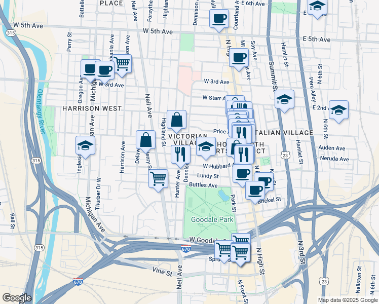 map of restaurants, bars, coffee shops, grocery stores, and more near 866 Dennison Avenue in Columbus