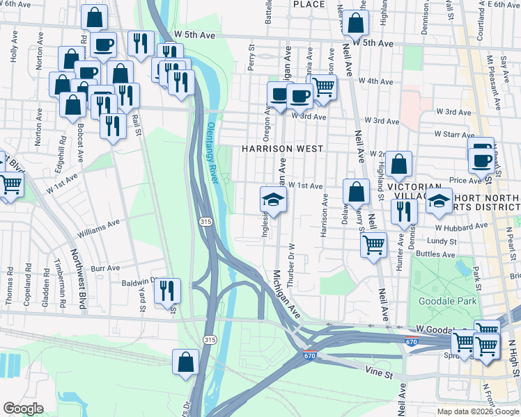 map of restaurants, bars, coffee shops, grocery stores, and more near 304 Perry Street in Columbus