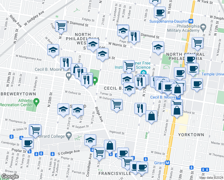 map of restaurants, bars, coffee shops, grocery stores, and more near 1633 North 20th Street in Philadelphia